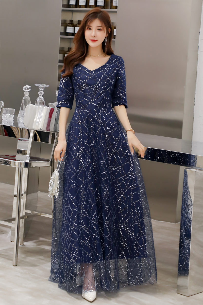高贵优雅时尚繁星点缀中袖长裙名媛气质连衣裙大码女装酒店晚会女