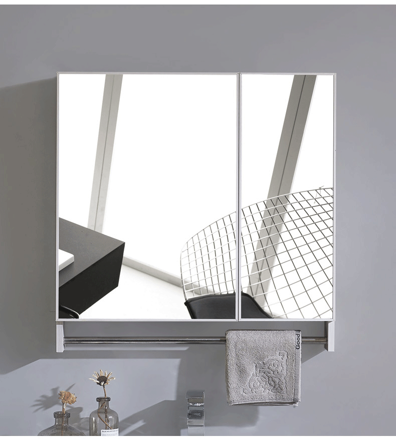 简约太空铝浴室镜柜卫生间高清镜子镜门带置物架柜双开门环保银镜