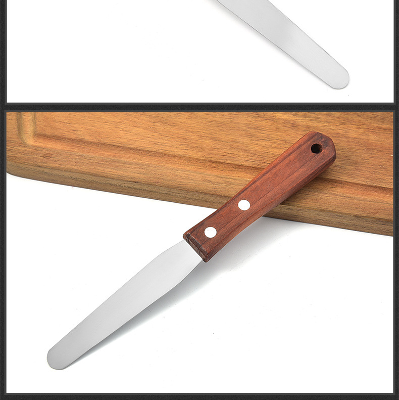 现货吸卡4寸不锈钢木柄小抹刀3件套蛋糕奶油裱花刀刮刀直曲吻刀