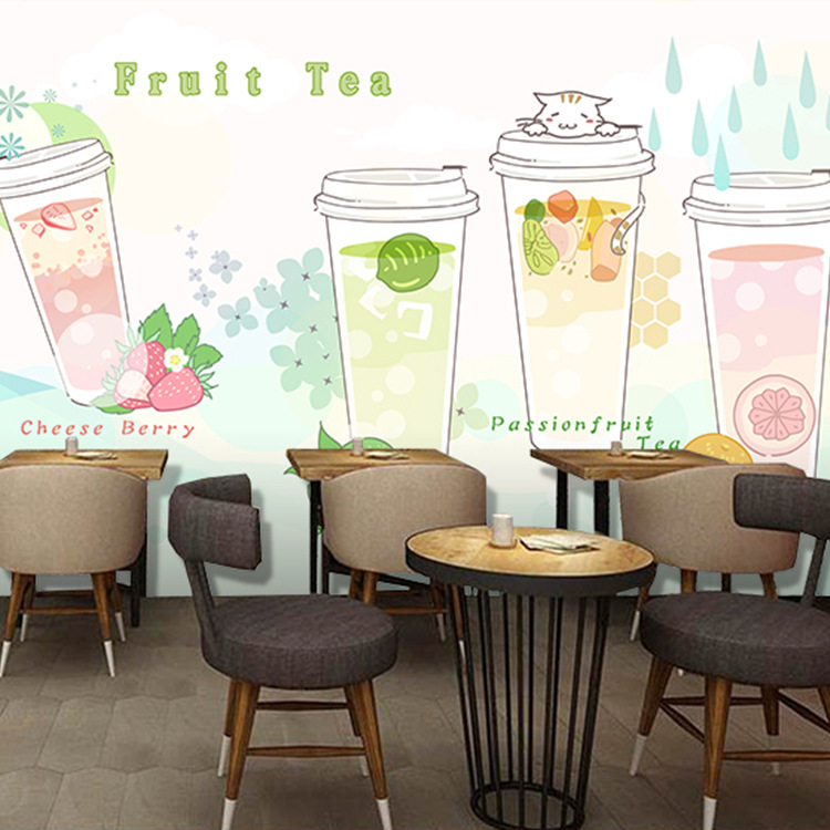 手绘网红奶茶店打卡背景墙纸咖啡水果茶制作插画水泥墙工业风壁纸