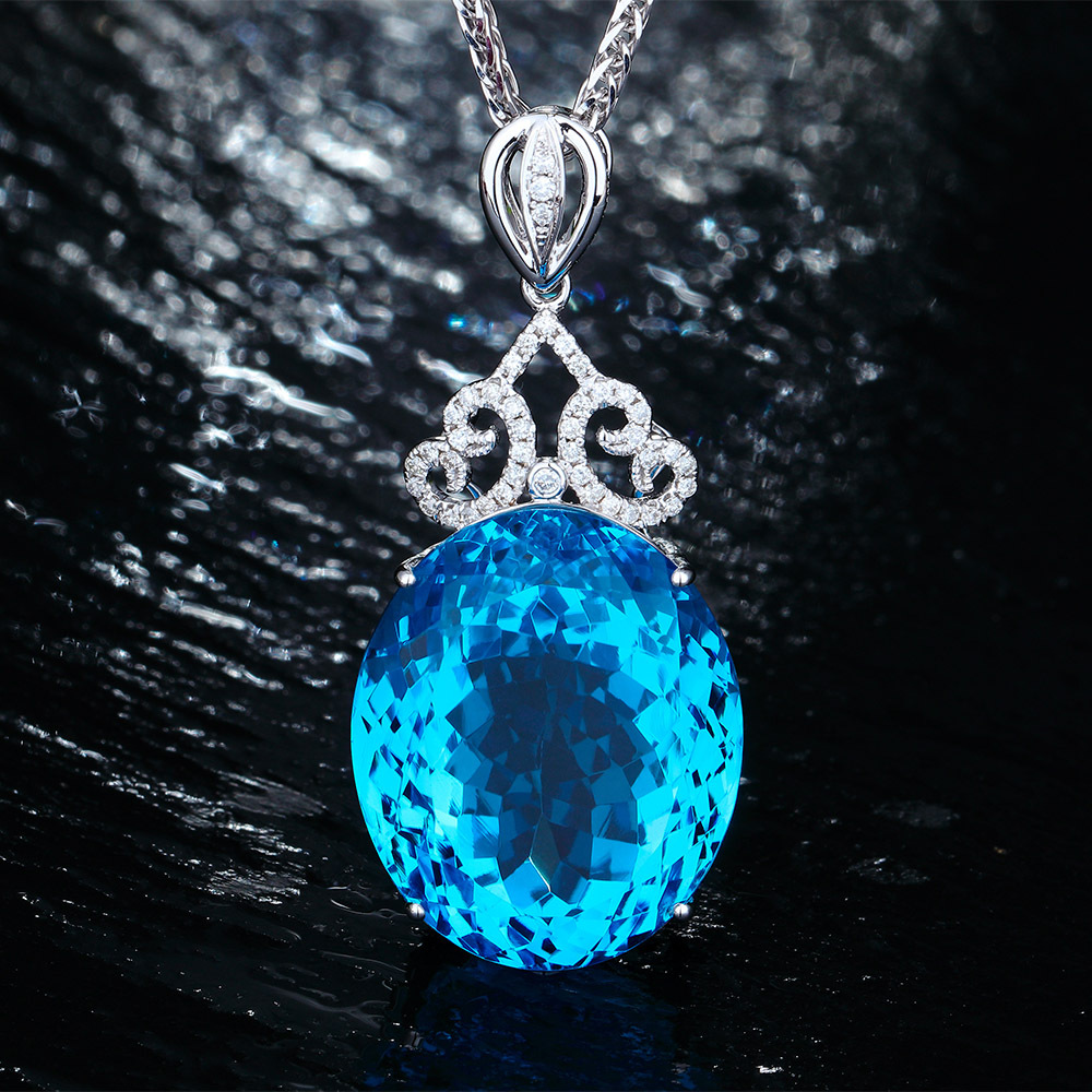 韩版高端大裸石吊坠天空蓝托帕石吊坠项链 镀18k白金女彩宝石吊坠