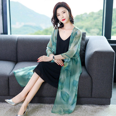 夏季防晒衫时尚树叶印花薄纱雪纺中长款外套女抽绳收腰荷叶袖外披