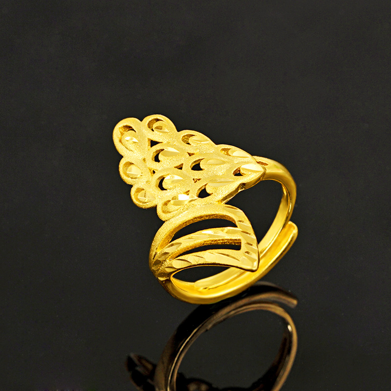 金品惠越南沙金绒砂凤尾开口戒指女新款纯铜镀24k金磨砂款饰品