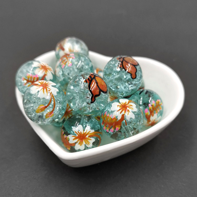 清仓玻璃爆花珠彩绘珠20mm蝴蝶手绘珠圆珠散珠 diy饰品配件珠子