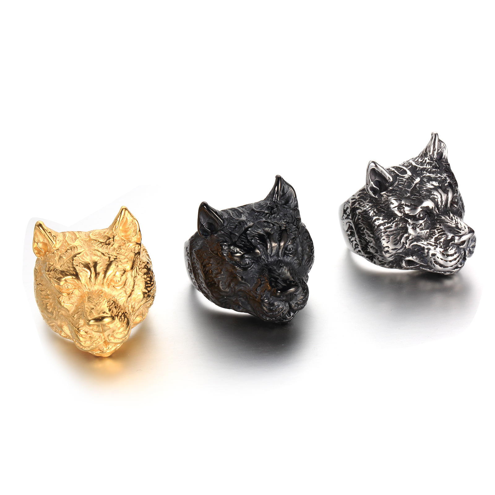 跨境电商饰品批发 不锈钢男士动物 黑金色狗头钛钢戒指 礼物