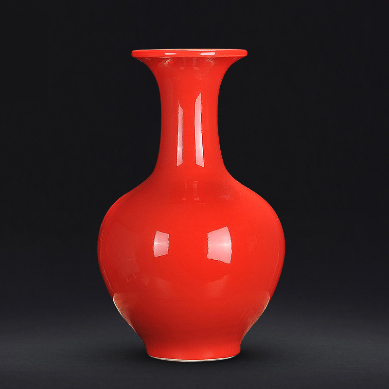 景德镇陶瓷全红釉花瓶中国红插花器赏瓶红红火火中号花瓶装饰摆件