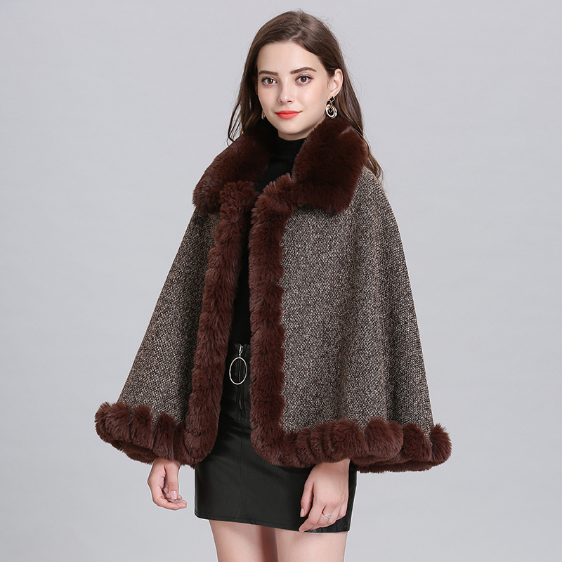 2021 Autumn and Winter New Fashion Lady Imitation Fox Fur Collar Fleece-Lined Knitting Cardigan Shawl Cape 1509#