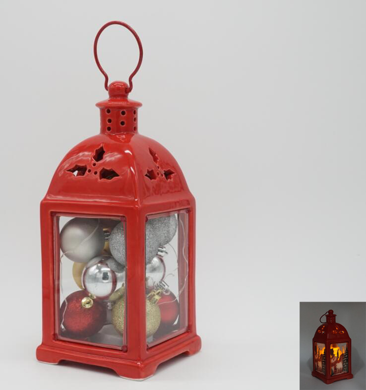 陶瓷色釉风灯配圣诞球创意圣诞球装饰陶瓷风灯陶瓷led圣诞提灯