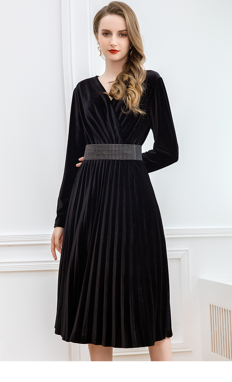 2020春季新款气质纯色丝绒连衣裙女长袖系带显瘦中长款a字百褶裙