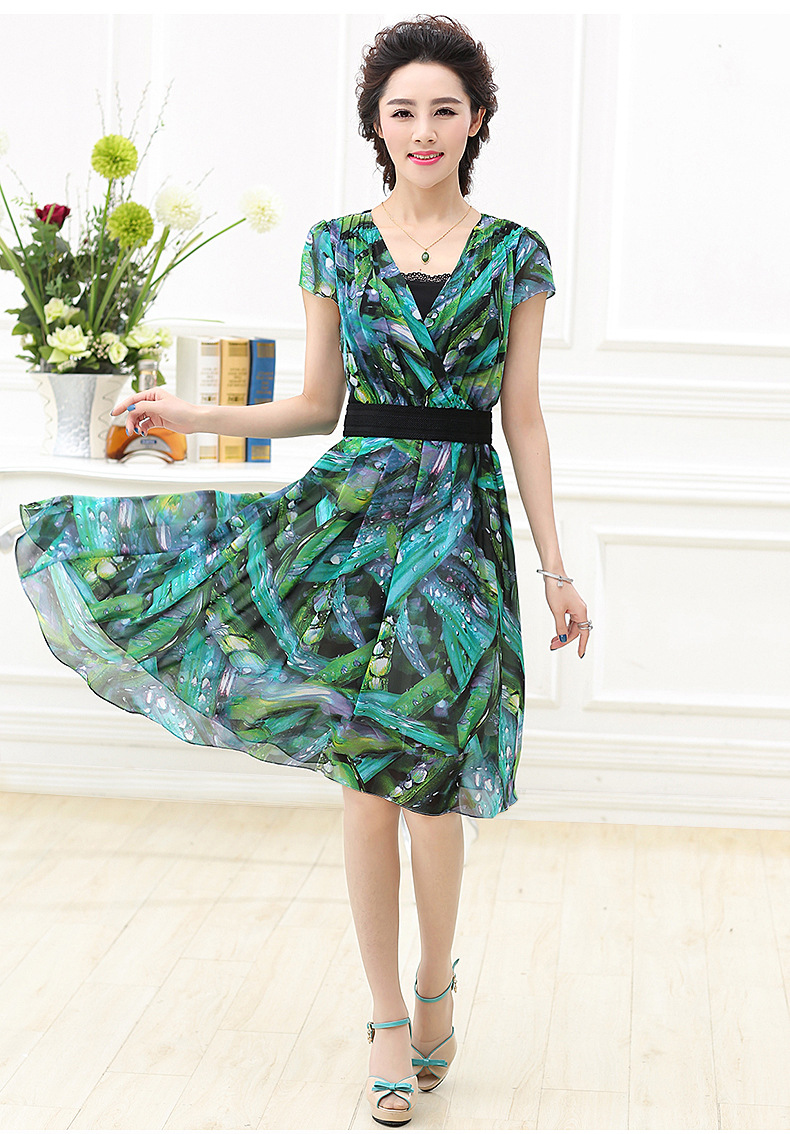 水墨佳人夏季修身连衣裙中老年妈妈女装裙子一件代发15l037