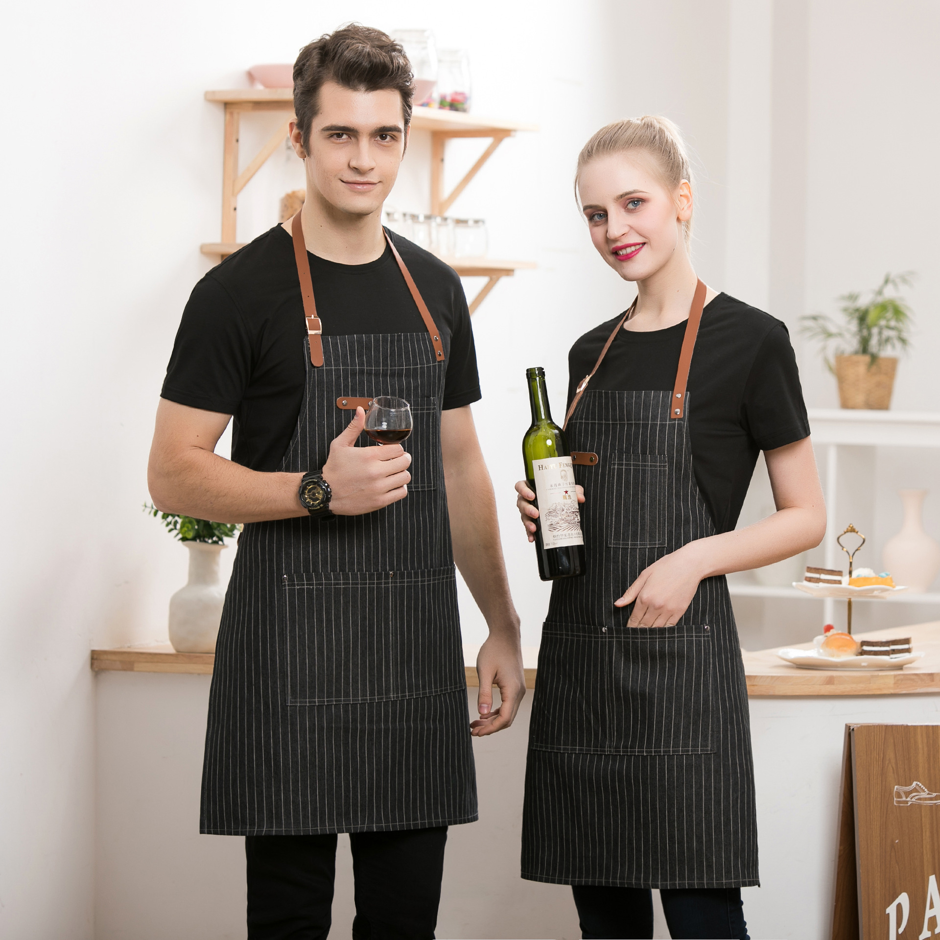 牛仔围裙男女厨房餐厅奶茶店咖啡师防污皮带条纹挂脖工作围裙