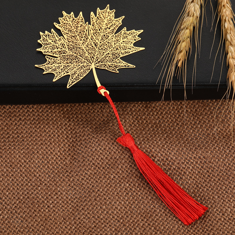 批发黄铜叶脉流苏枫叶书签 创意文创礼品定制 电镀黄铜书签