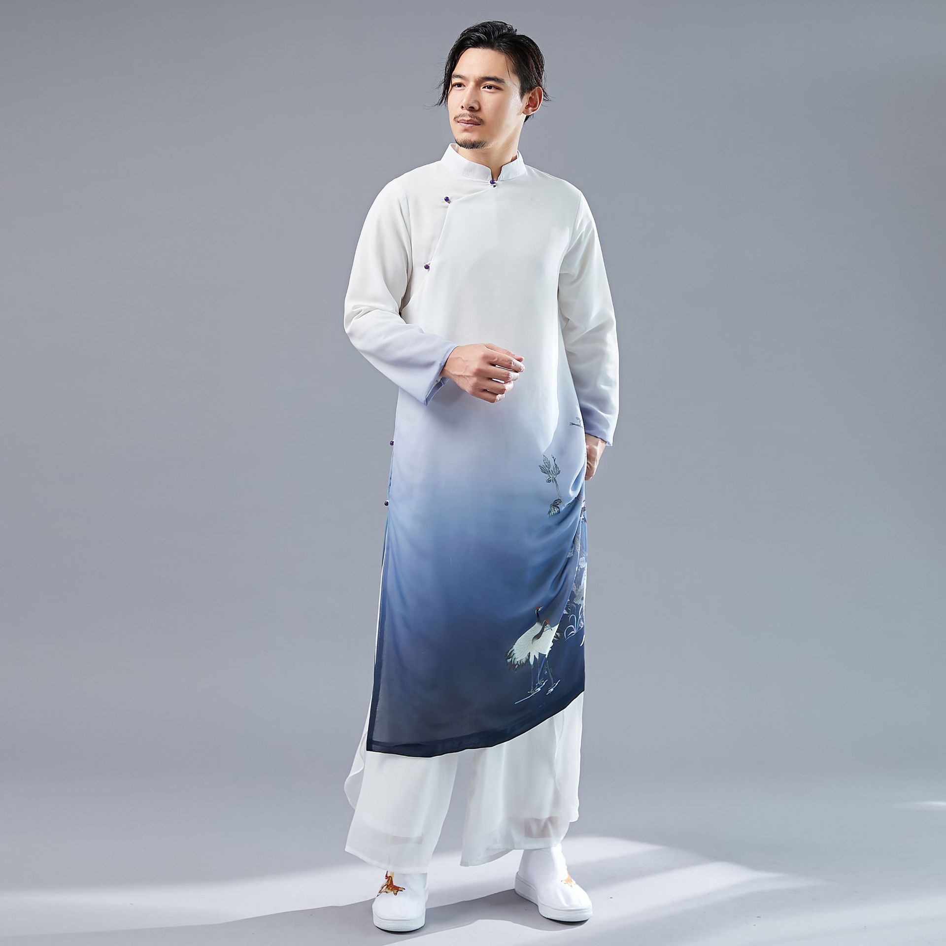 布衣复古2020新款 紫扣百鸟 长袖民族风印花雪纺衫立领民族服装