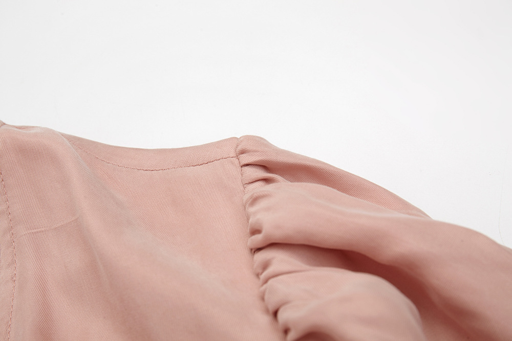 2019夏女装新款欧美豆粉色和服绑带泡泡袖短袖连衣裙凉爽舒适