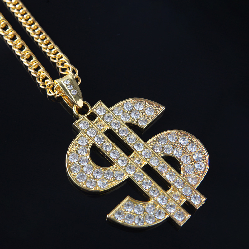 European and American Exaggerated Hip Hop Domineering Coarse Dollar Symbol Necklace Alloy Diamond-Embedded Unique Hipster Hipster Large Pendant Ornament