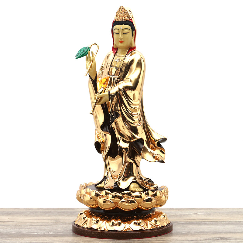 佛教黄铜鎏金观音佛像莲花座站莲观世音菩萨摆件佛堂家用室内供奉