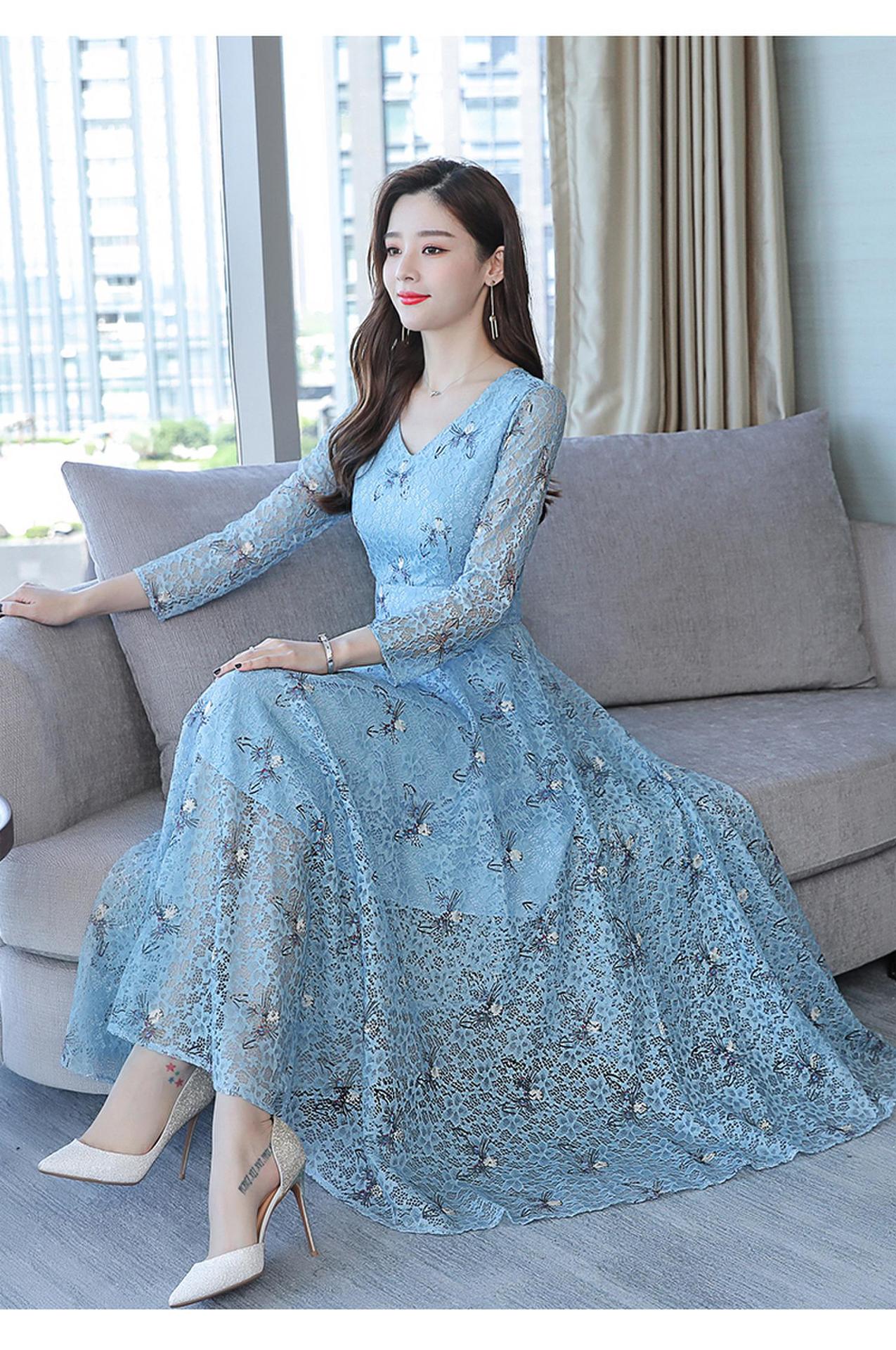 实拍2019春装新款长袖蕾丝连衣裙女显瘦遮肚中长款大码女裙