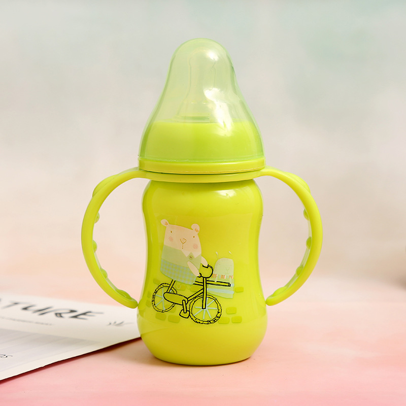 Cartoon Pattern Baby Bottle with Handle Drop-Resistant Standard Caliber Pp Plastic Arc Drop-Resistant Newborn Bottle