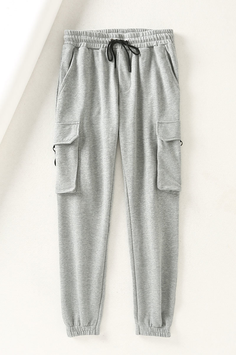 欧美风2019秋装抽绳大口袋针织工装小脚慢跑运动束脚裤长裤