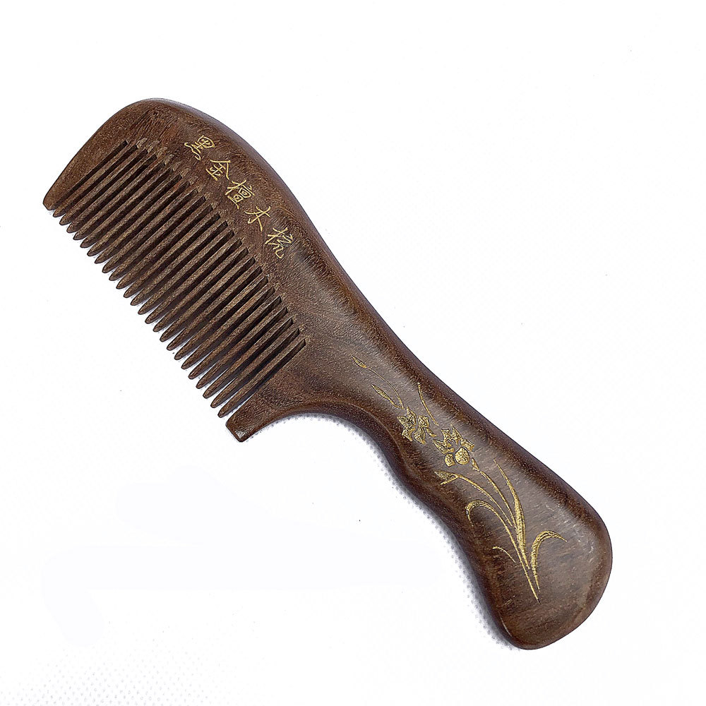 黑金檀描金字加厚防静电檀木梳子圆柄大号家用美发梳可定制logo