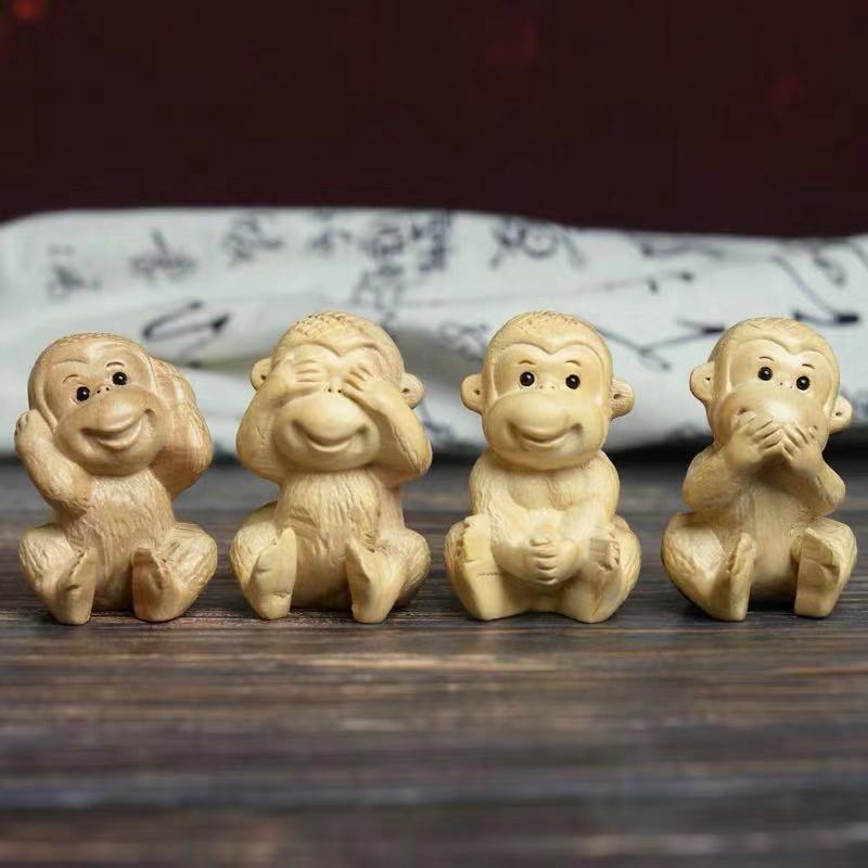 桃木四勿猴不看不听不说不动小猴子四不猴实木质小摆件挂件木雕