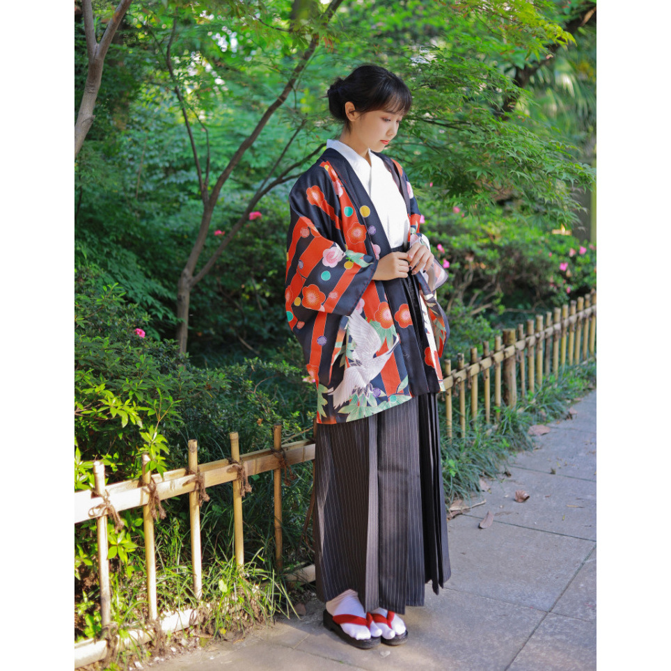 日本和服女正装羽织外套和服樱花仙鹤柄日常和风和服cos套装