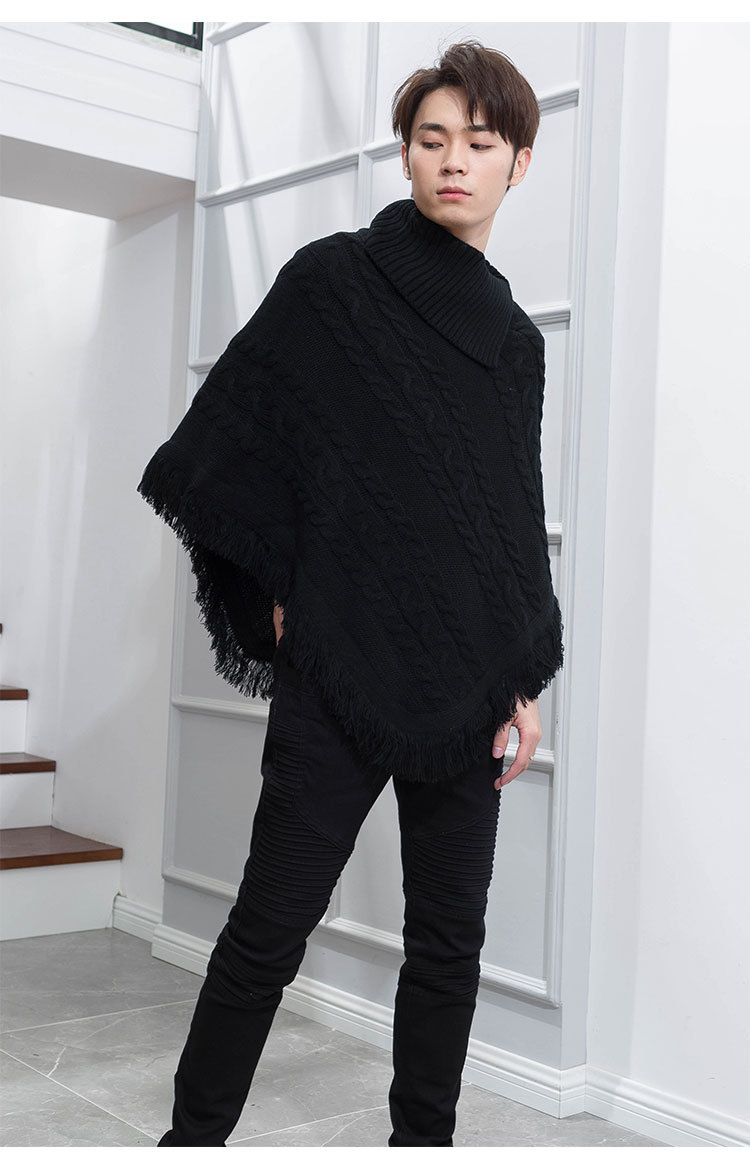 跨境外贸欧美日韩一件代发批发现货斗篷男披肩高领毛衣短款蝙蝠袖