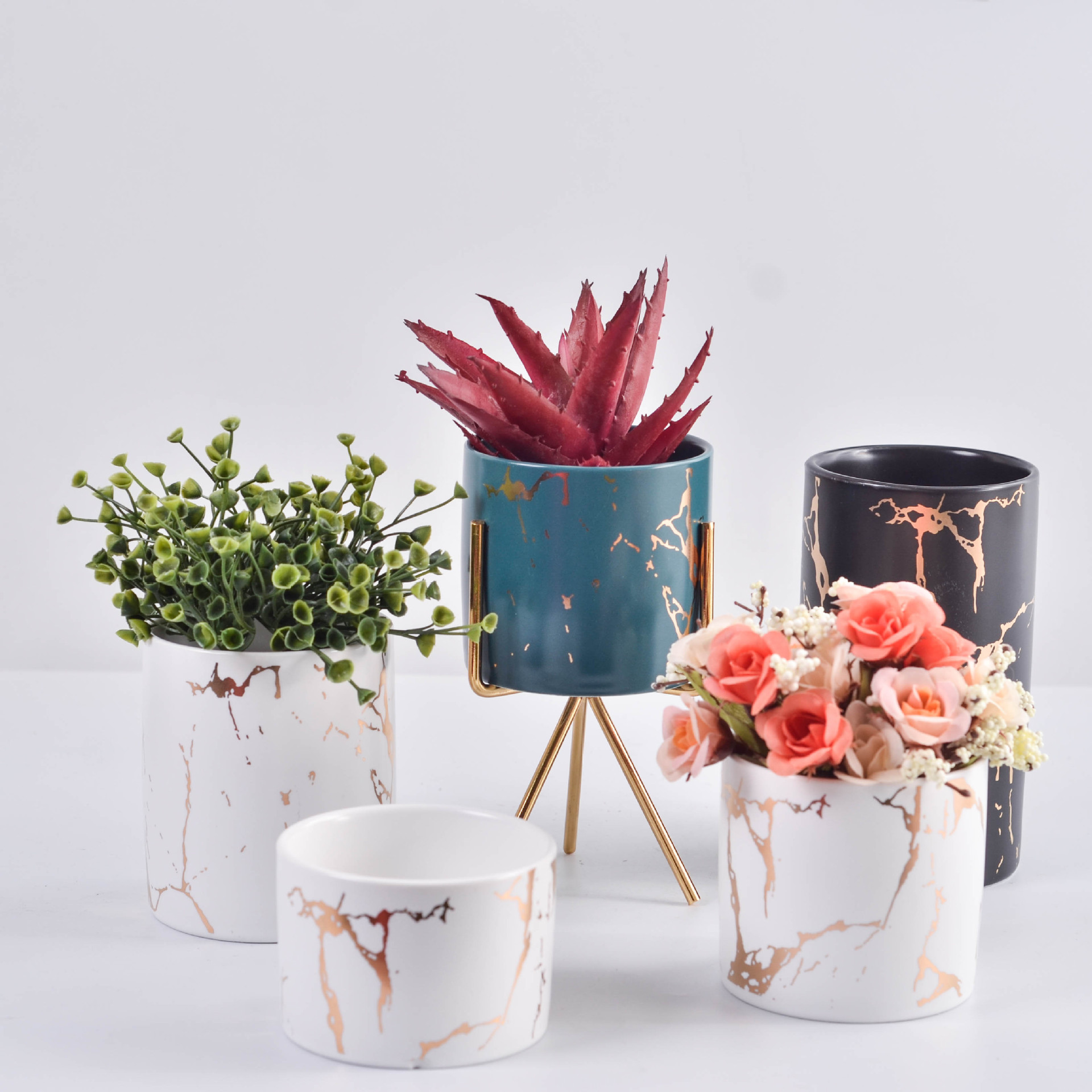 多功能北欧ins镀金陶瓷花盆 轻奢花器水培绿植花架创意家居餐厅