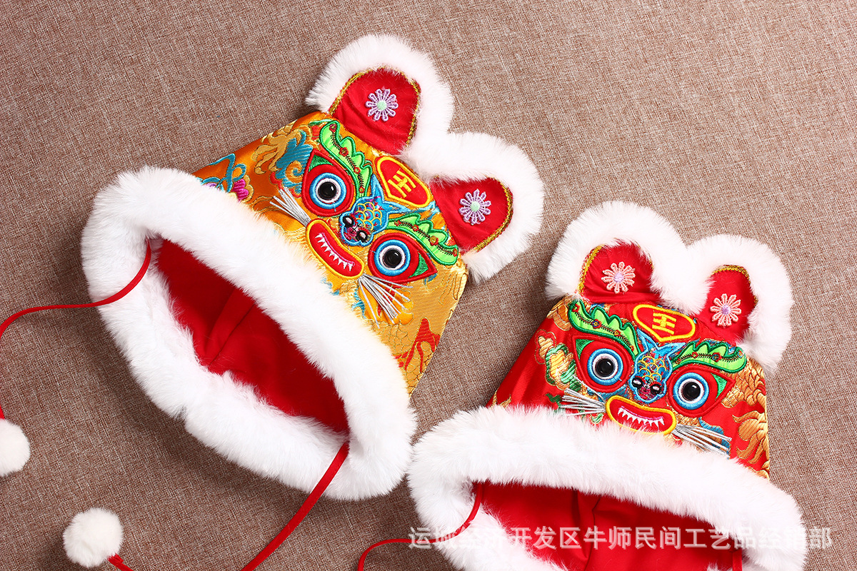 虎头帽摄影 传统手工宝宝布老虎棉帽子 拍照婴幼儿保暖柔软冬刺绣