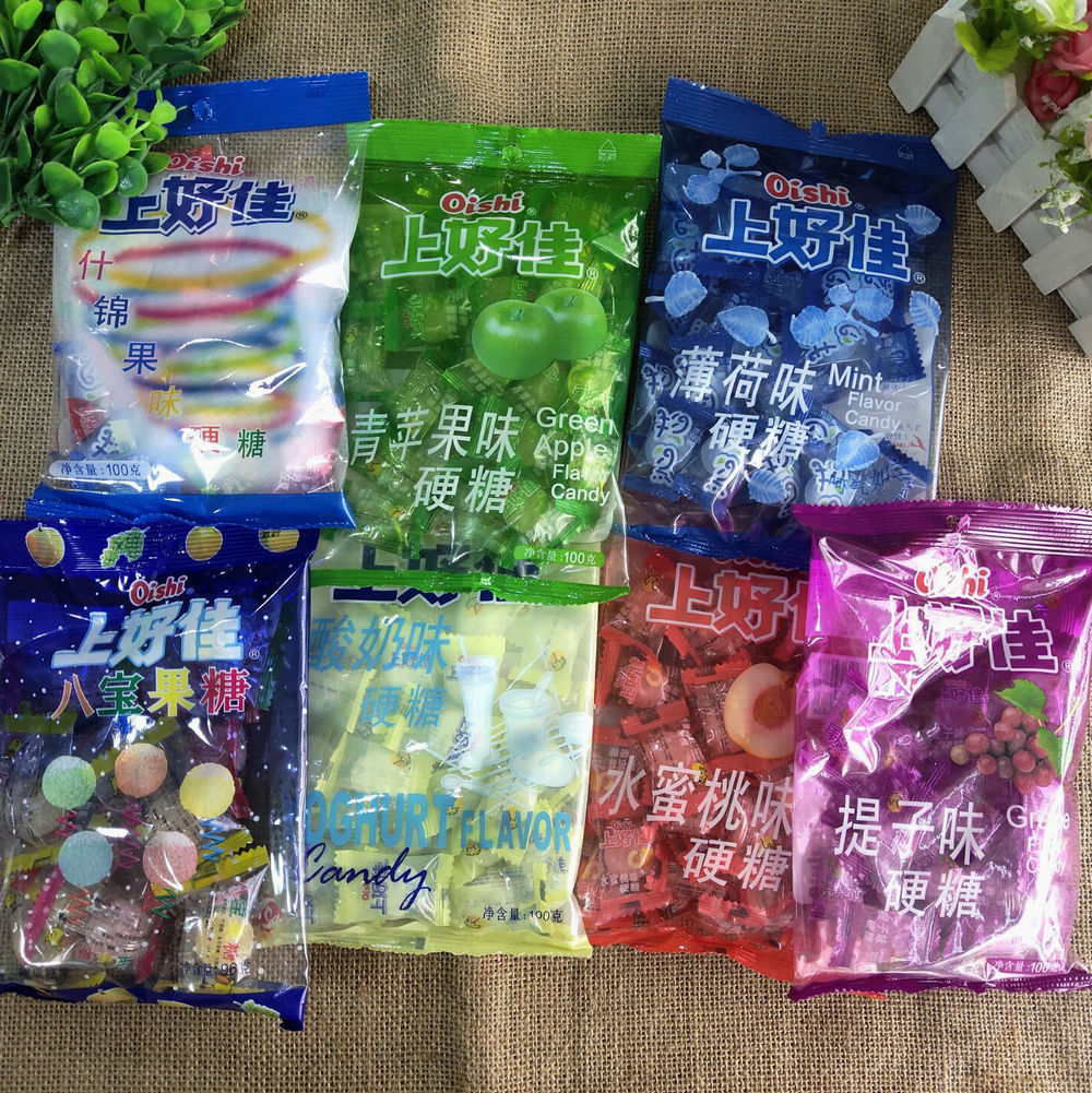 上好佳水果味糖薄荷什锦水蜜桃提子葡萄柑橘冰柠檬100克袋装
