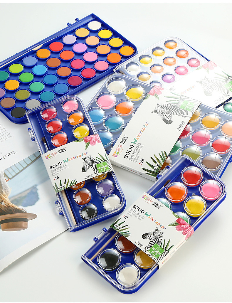 妙趣乐固体水彩颜料36色小学生水粉儿童手绘初学者用美术画画粉饼