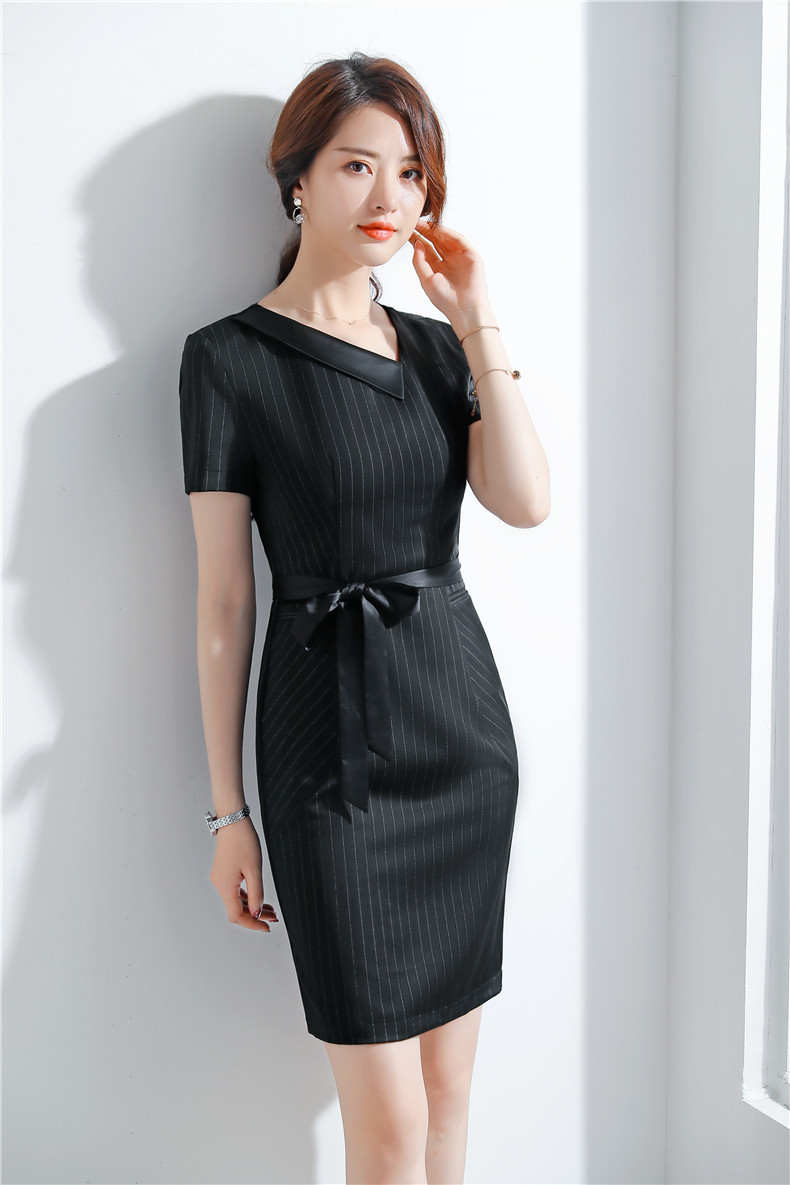 名媛风女士短袖条纹连衣裙职业装ol通勤商务职业西裙可绣logo定制