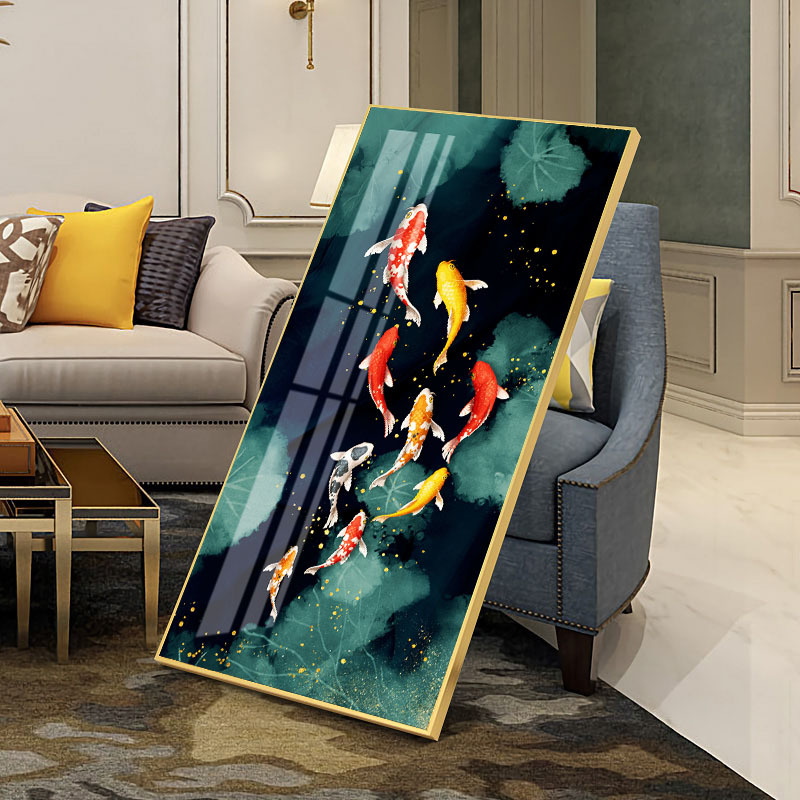 浩隆晶瓷画5d立体镶钻烤瓷晶钻挂画铝合金框轻奢玄关装饰画金鱼系
