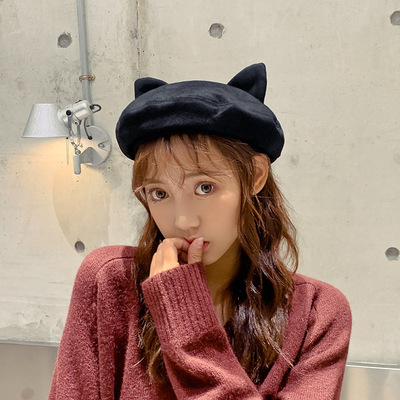 帽子女秋冬可爱软妹猫咪耳朵贝雷帽子韩版潮麂皮绒蓓蕾帽画家帽子