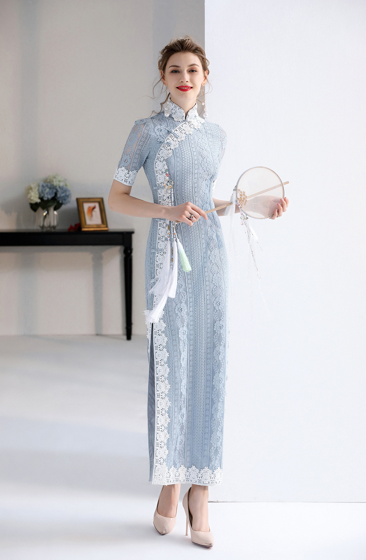 高级定制复古中国风蕾丝花边修身名媛气质改良旗袍长款女士连衣裙