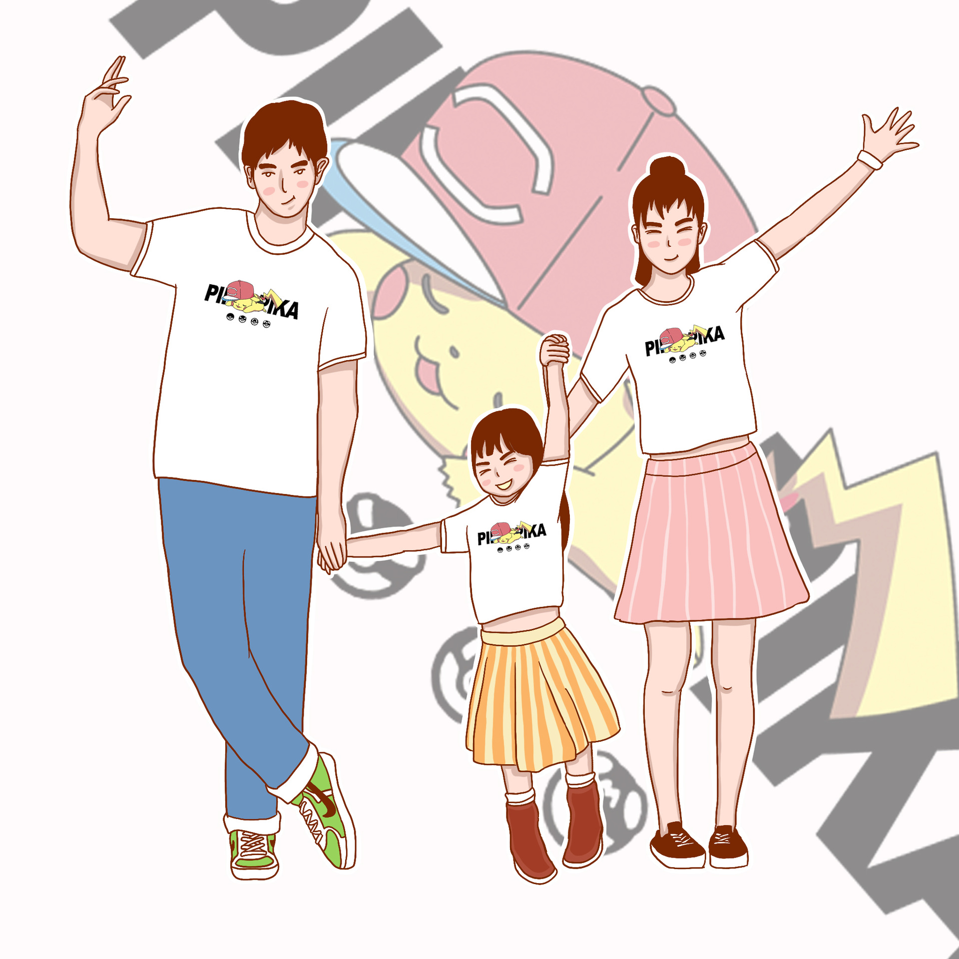 潮牌皮卡丘亲子装夏装2019新款短袖一家三口母女装亲子t恤家庭装