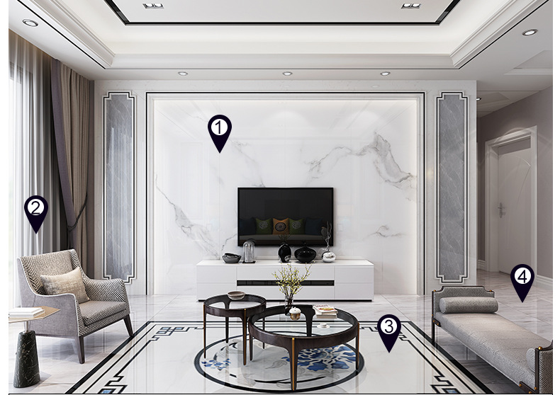 轻奢客厅电视背景墙微晶石瓷砖石材渗墨大板现代简约影视墙山水画