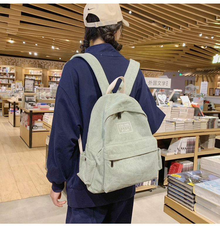 ins古着少女书包韩版高中大学生森系背包港风复古文艺条绒双肩包