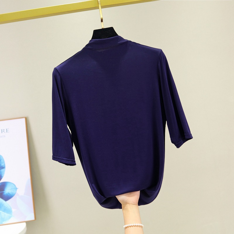 Spring and Summer New Thin Mock-Neck Mid-Length Sleeve Top Modal plus Size Half Sleeve T-shirt All-Matching Slim Fit Bottoming Shirt