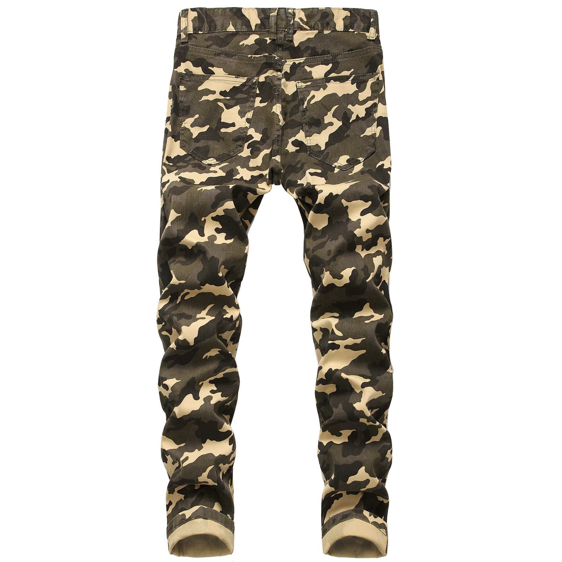 跨境货源男装迷彩牛仔裤 男士修身弹力军绿印花休闲长裤