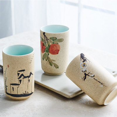 磨砂手绘写意图案花卉直筒马克杯日式礼品陶瓷杯创意礼品陶瓷杯