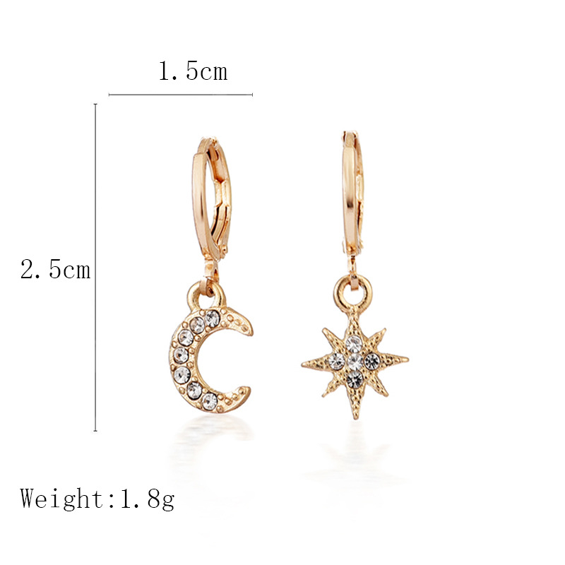 Korean Dongdaemun Same Style Earrings for Women Ins Diamond-Embedded Star Moon Asymmetric Earrings All-Match Cold Style Cross-Border Earrings