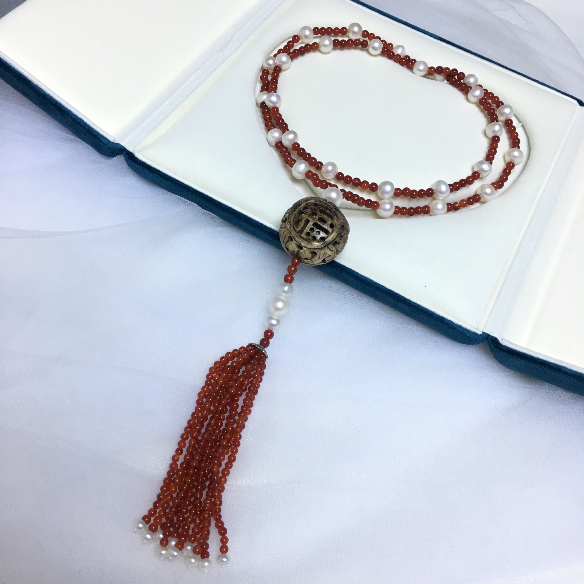 紫月复古民族风精雕牛角福字tian然淡水珍珠项链毛衣链长项链