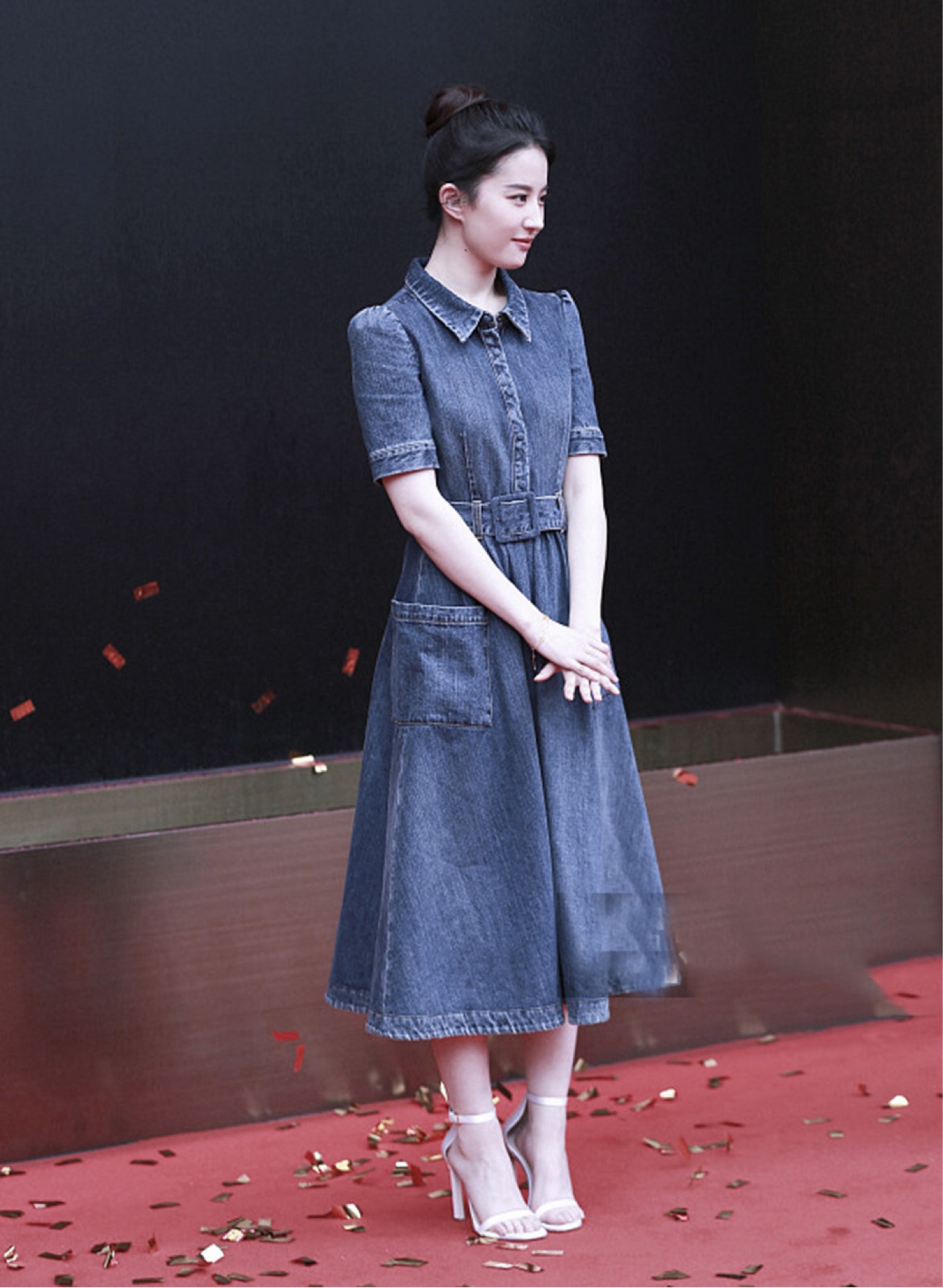 2019春夏季外贸新款女装刘亦菲同款收腰显瘦短袖下摆牛仔连衣裙女