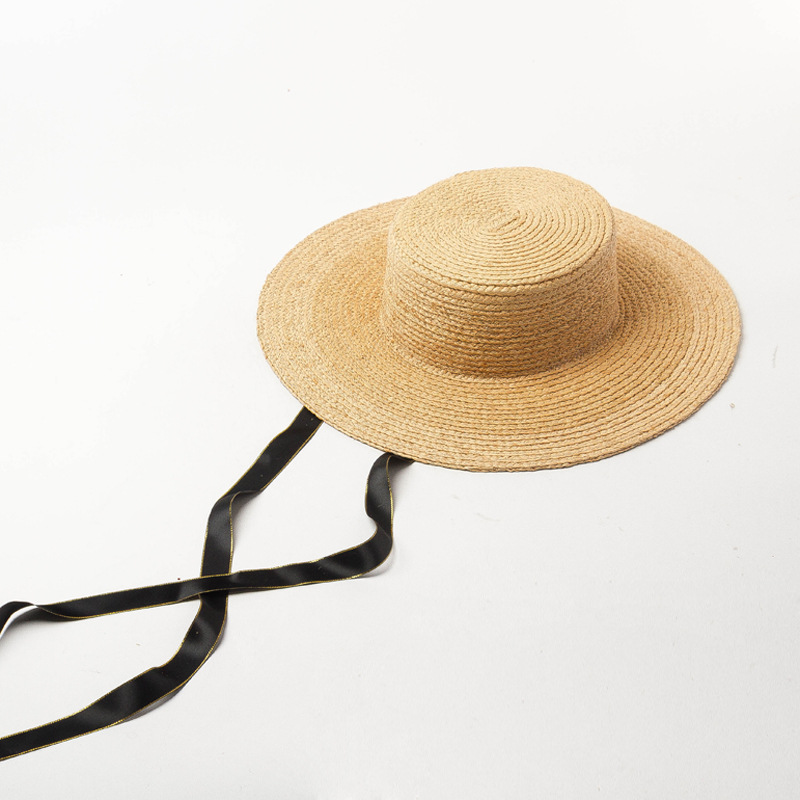 春夏新款休闲简约光身带绑带平顶拉菲草帽户外旅游遮阳拉菲草帽