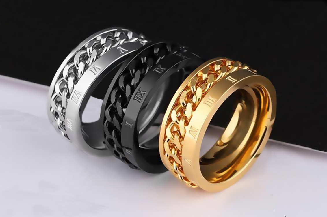 欧美创意热卖罗马链条戒指钛钢男士潮流饰品可转动链条数字手饰