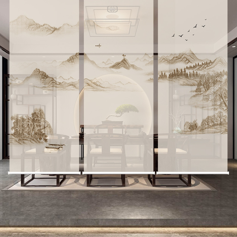 中式卷帘隔断升降透景纱帘窗帘半透明半遮屏风帘画面厂家直销