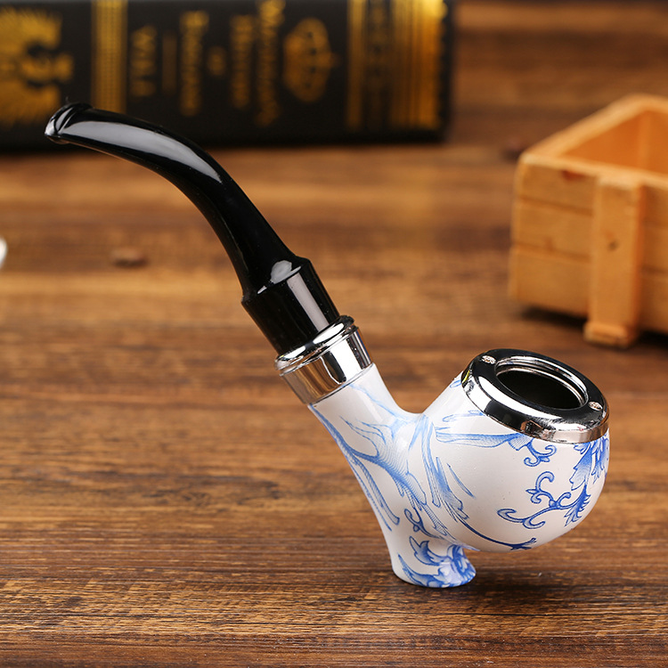 厂家批发时尚可站立青花瓷树脂烟斗 亚克力弯柄木质烟斗烟具pipe