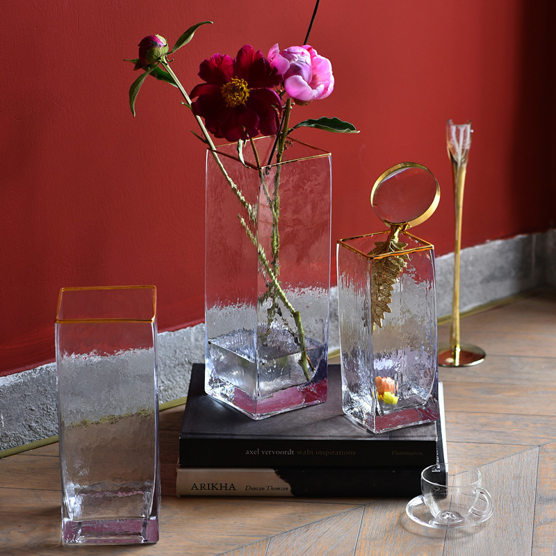 Nordic Glass Vase Living Room Soft Decorations Model Room Affordable Luxury Style Creative Golden Trim Glass Vase Wholesale
