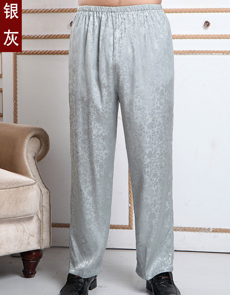 真丝绸缎男裤子春夏桑蚕丝男士休闲裤宽松紧薄款中老年爸爸运动裤